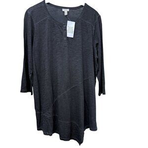 LOGO Lori Goldstein Henley Tee Plus Size 1X Gray Womens Tunic Top 3/4 Sleeve NWT